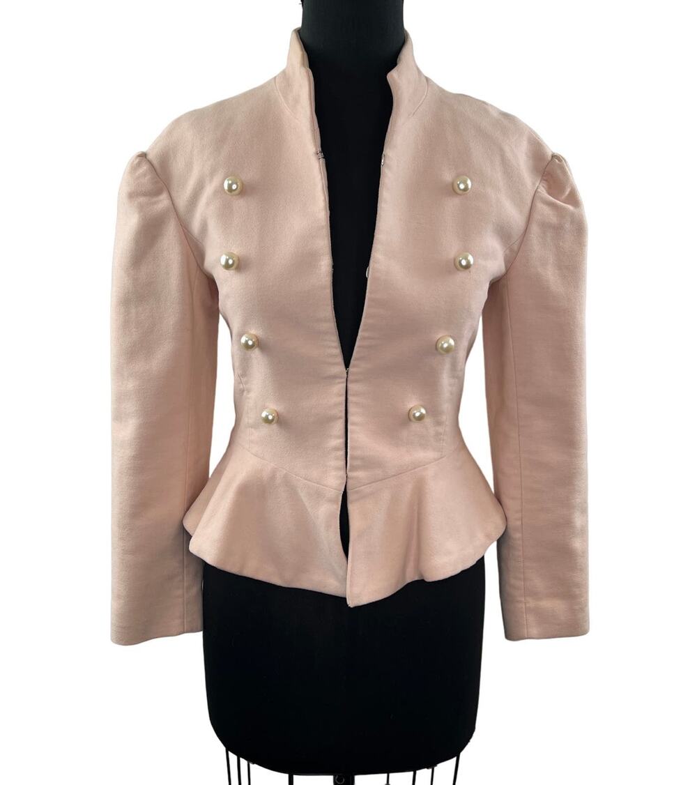 ZARA Nude Pink Velvet Peplum Pearl Jacket Cotton Cropped Mock Neck XS BLOGGER